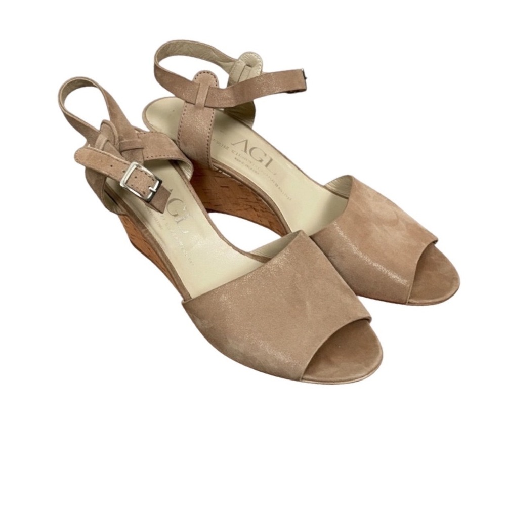AGL Women Nude Shimmer Suede Cork Wedge Sandal 39 Attilio Giusti Leombruni Italy